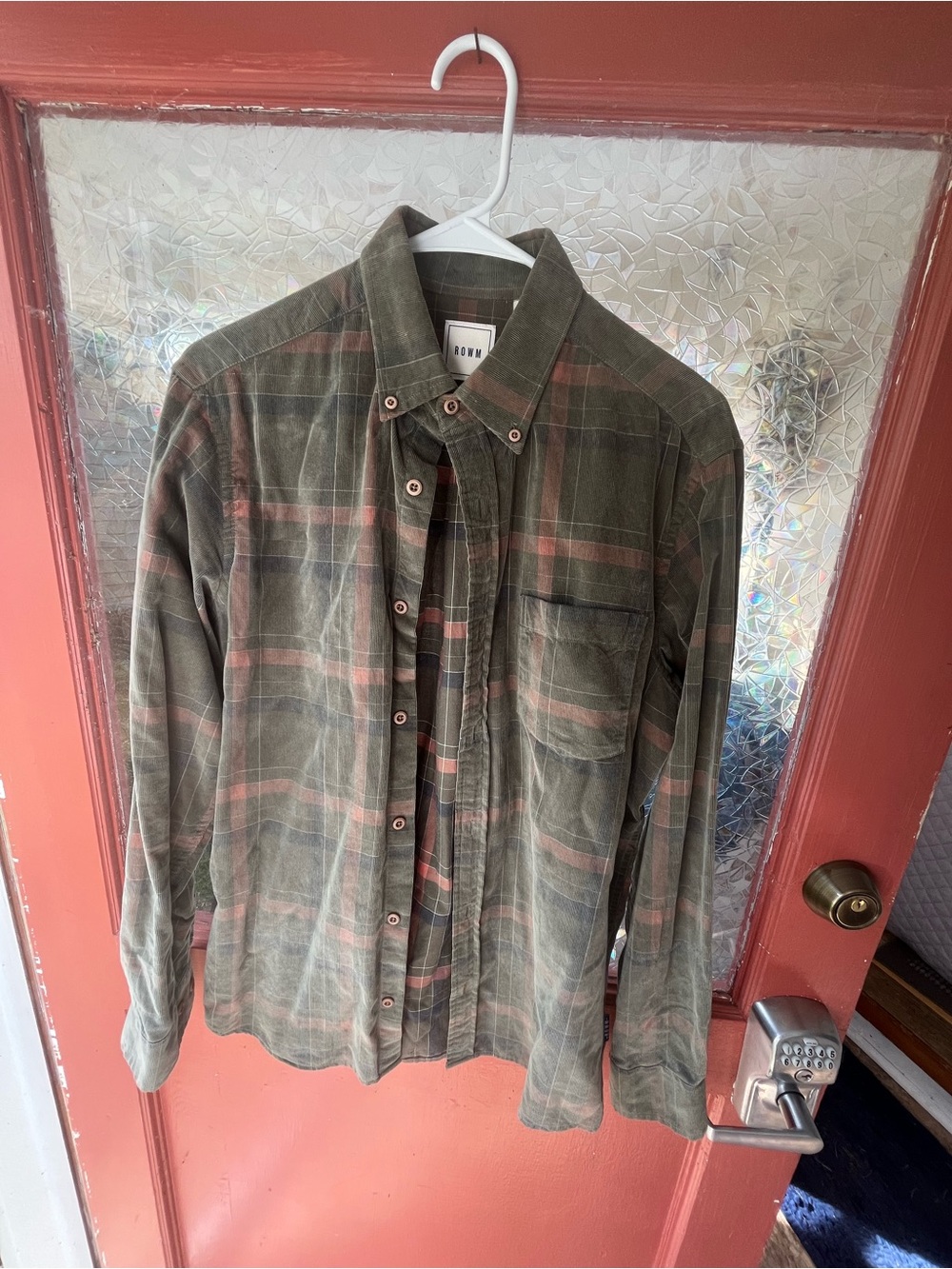 ROWM brand Plaid mini corduroy Button-Down Shirt - Olive Green/pink
